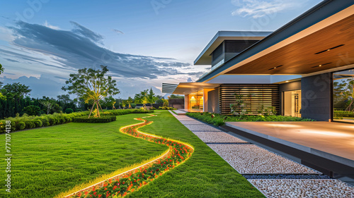 Sleek modern luxury home facade with a vibrant lawn and a pathway leading to an intricate covered entrance, captured in crisp HD clarity.