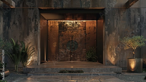 An innovative main door design with a pivoting mechanism, creating a striking focal point that invites guests to enter with a sense of curiosity and wonder in