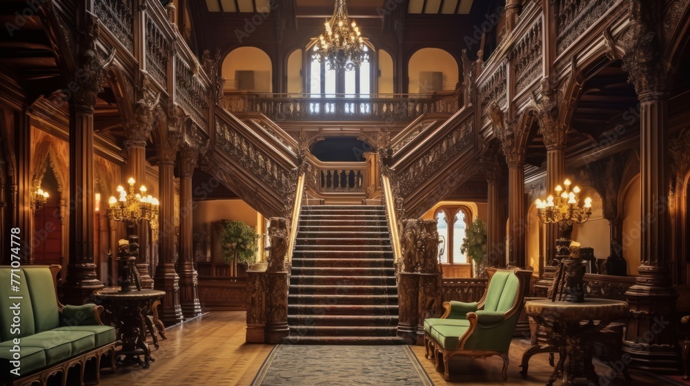 Reception Hall stairs and Hall of Honor in Peles Castle near Sinaia town