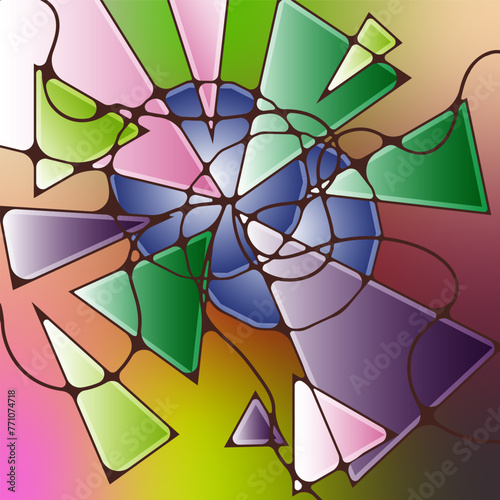 Neurographic art, energy mandala, geometric ornament, curved lines, circles and triangles. Pink, turquoise, violet color. Image of flat figures and tench.