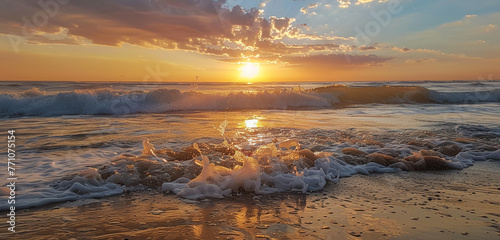 A tranquil coastal scene with sandy beaches, crashing waves, and a vibrant sunset.