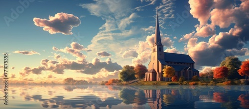 A church stands on a small island in the middle of a lake, surrounded by a picturesque natural landscape at sunset. The sky is filled with cumulus clouds, reflecting in the calm water