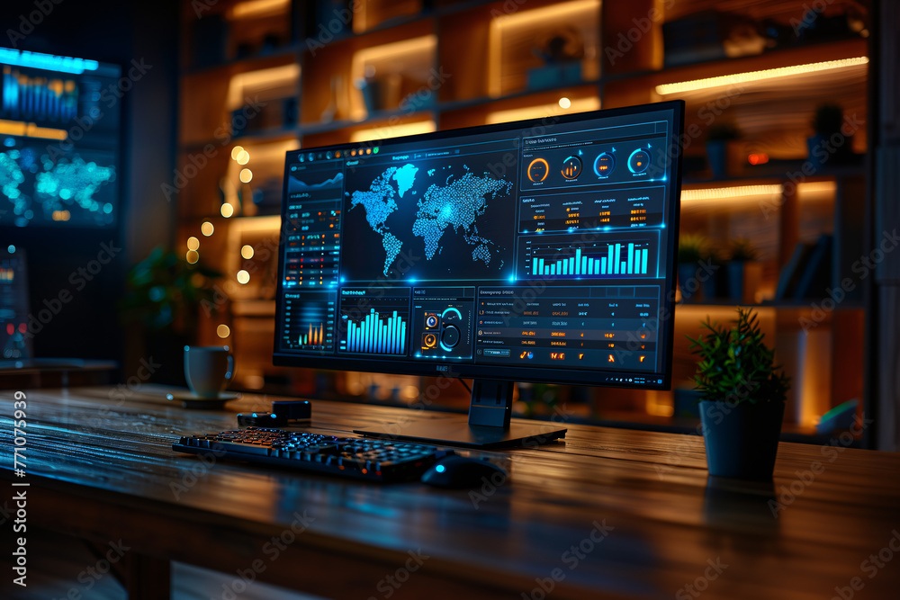 A computer monitor with a keyboard and a mouse is on the desk. Displays a chart of quotations A computer monitor with a keyboard and a mouse is on the desk. Displays a chart of quotations