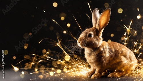 gold rabbit with sparks floating on a black background happy easter day