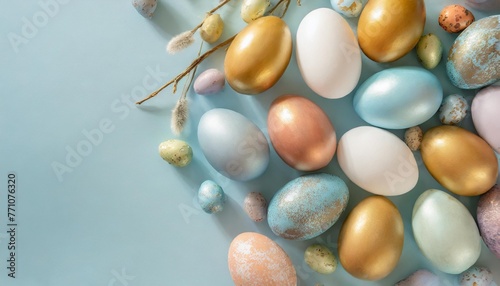 easter background concept top view set of various colorful easter eggs on isolated pastel blue background with copy space