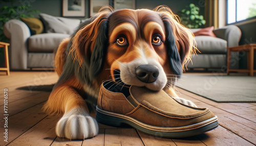 A puppy dog chewing on a man's slipper in a house living room photo