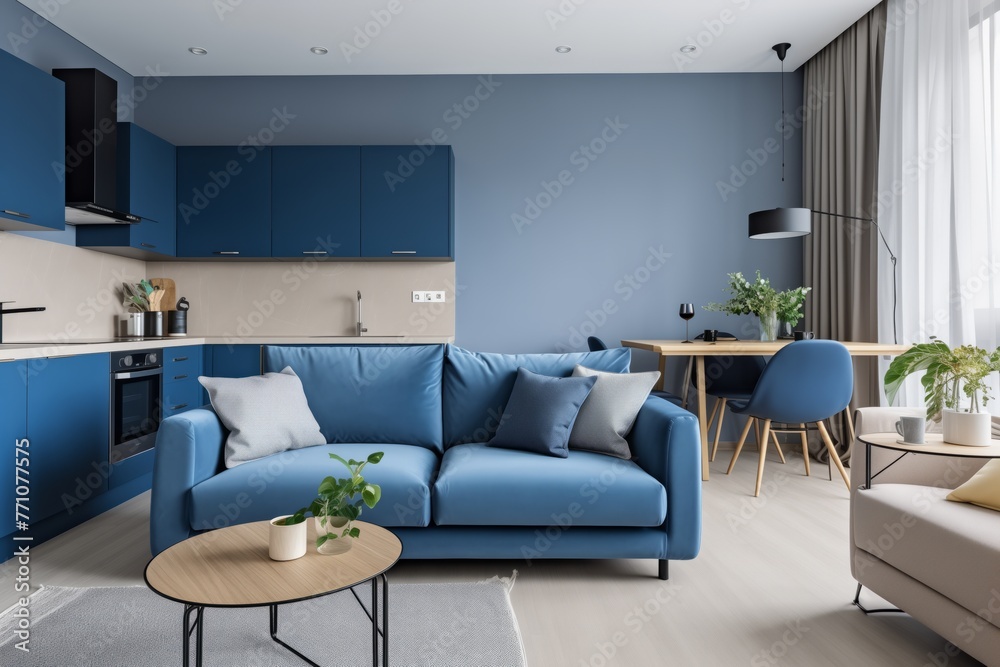 Navy Blue Sofa in Studio Apartment, Scandinavian Interior Design ...