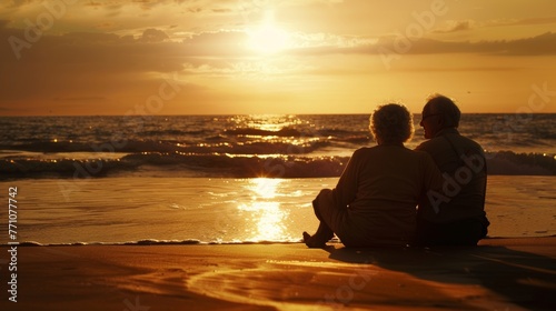 Couple sitting on beach at sunset, enjoying the serene ocean view.