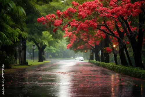A serene scene of a street adorned with vibrant red Royal Poinciana trees, their blossoms dancing in the rain. Generative AI photo
