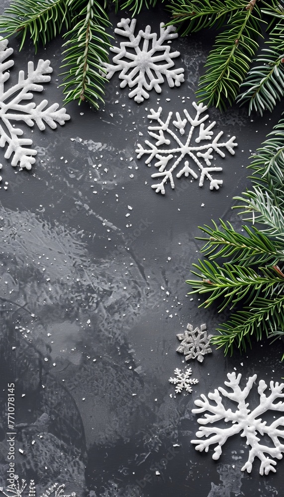 Festive christmas background with spruce branch and snowflakes frame, copy space available