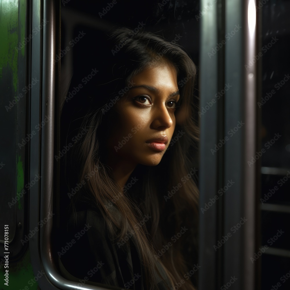 Street dreamy photo sad indian woman model window looking at camera portrait reflection glare