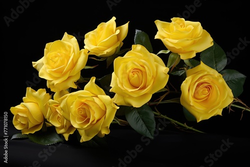 A vibrant bunch of yellow roses blooms against a striking black backdrop  their petals glowing with radiant beauty. Generative AI