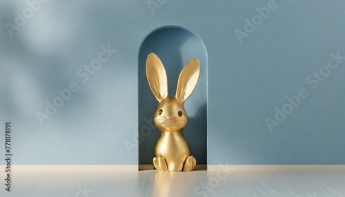 easter bunny peeps out of the blue wall 3d rendering photo