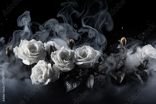 A group of white roses gracefully sitting atop a billowy cloud of smoke, creating a dreamy and surreal display of beauty and tranquility. Generative AI