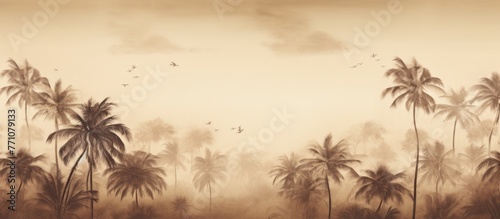 A picturesque natural landscape painting of a tropical forest with Arecales trees, birds flying in the sky, and a vibrant atmosphere filled with clouds