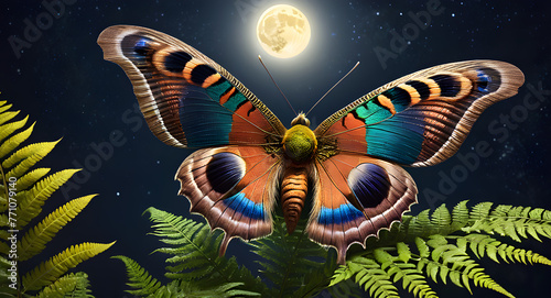 peacock moth on a fern against the background of a starry sky with a full moon