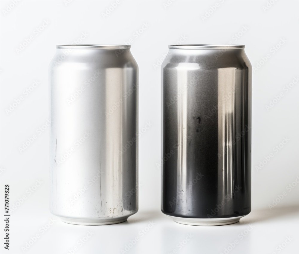 Two Cans, Silver Gray Style, White Background, Add Text, Refreshing Beverage, Water Droplets Reflect Two Cans, Silver Gray Style, White Background, Add Text, Refreshing Beverage, Water Droplets Reflect