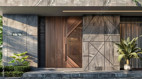 A bold, geometric main door with clean lines and asymmetrical patterns, making a statement of contemporary style against the backdrop of a modern house facade in