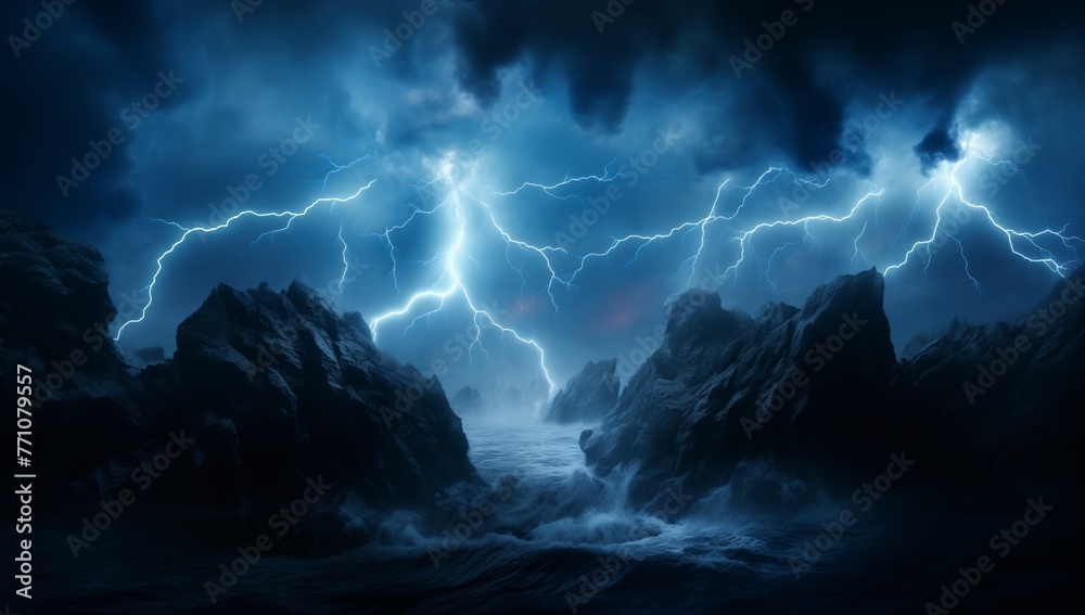 Black Sky with Blue Lightning, Beach at Night, Sci-Fi Illustrations, Mystery of Nature Black Sky with Blue Lightning, Beach at Night, Sci-Fi Illustrations, Mystery of Nature