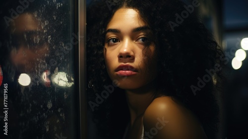 Street dreamy photo sad woman model window looking at camera portrait reflection glare