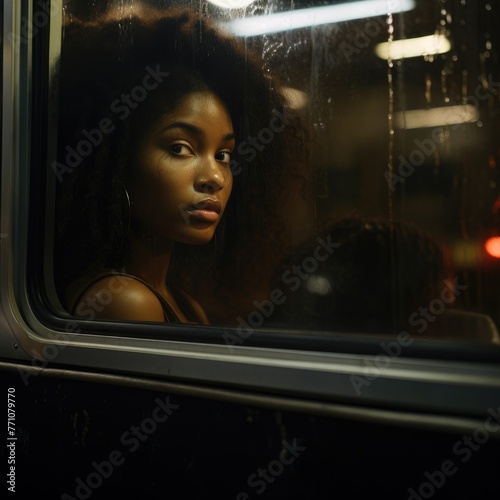 Street dreamy photo sad black woman model window looking at camera portrait reflection glare