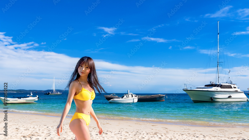 砂浜を歩く水着の女性