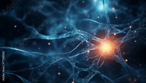 Blue Light Neuron Photo, Rendered Medical Imaging, Scientific Visual Representation