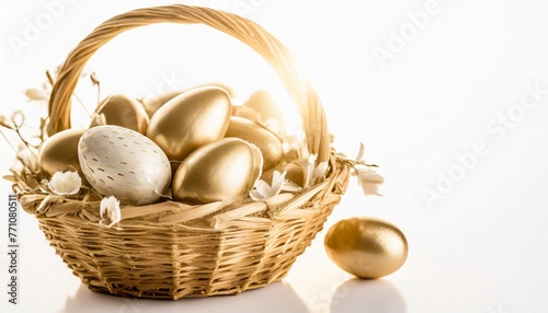 a basket of easter eggs isolated on white background or