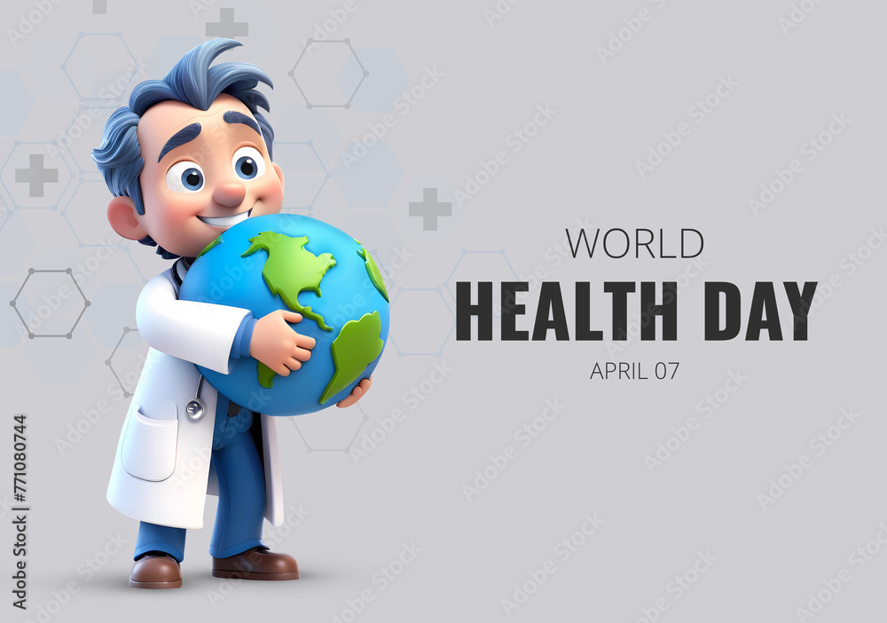 Fototapeta premium World health day background with 3d rendering doctor cartoon character hugging planet earth