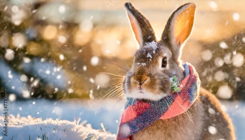 cute funny easter rabbit with a colorful scarf winter scene with adorable animal and snowflakes in the background sunny outdoor scene copy space © Sawyer