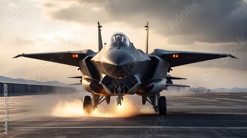 A sleek and powerful combat military fighter roars down the runway, its engines blazing with intensity as it prepares for takeoff.