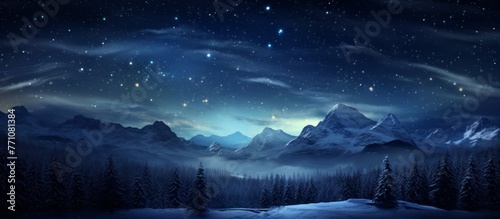 A serene snowy landscape under a starry sky, with majestic mountains, towering trees, and a tranquil river reflecting the shimmering night sky photo
