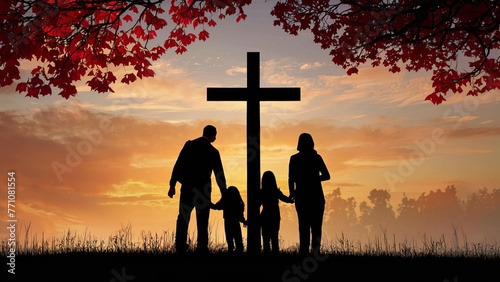 Silhouette of a family holding hands near a cross against a bright sunset sky. Concept of religious holidays, Memorial Day, Happy Easter, Christian holiday