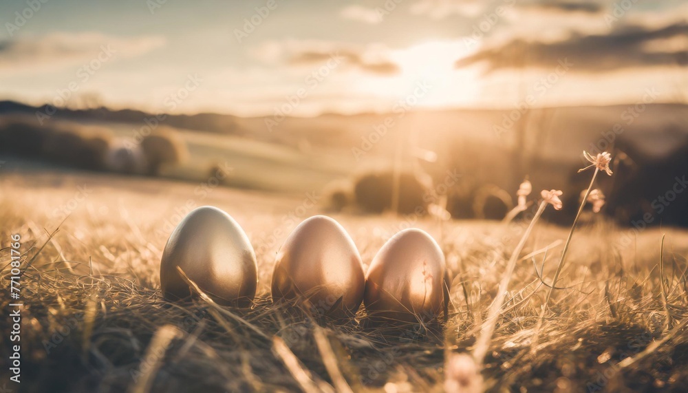 vintage style easter eggs in a countryside setting - obrazy, fototapety, plakaty 