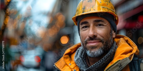 Middleaged man in hard hat and work vest smirking on a construction site Image generated by AI. Concept Construction Worker, Smirking, Hard Hat, Work Vest, Construction Site © Ян Заболотний