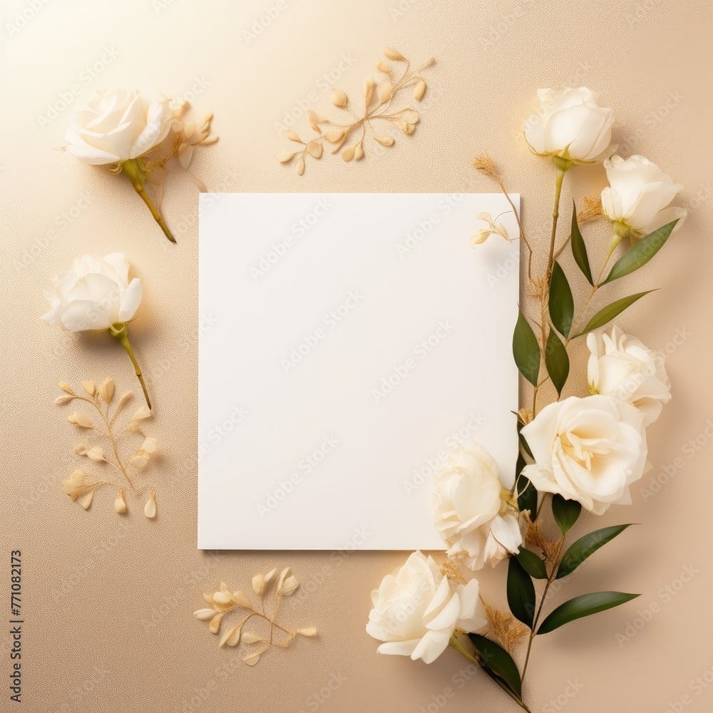 beige marriage invitation postcard paper mockup romance letter floral wedding blank paper template