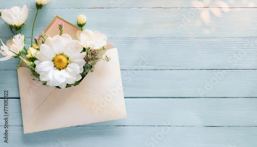 vintage envelope with flowers on light blue wooden background banner mockup for womans or mother day wedding invintation easter card flat lay top view copy space for text photo