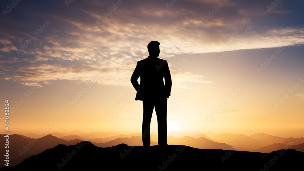 Silhouette of Business Male Achieving Success at Sunset - Leadership, Motivation, Personal Growth, Confidence Concept