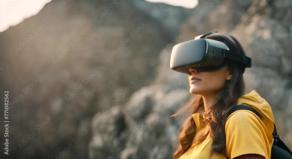 Woman with VR glasses in the mountain. Woman with VR glasses in the mountain.