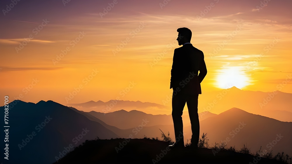 Silhouette of Business Male on Mountain Top at Sunset - Success, Achievement, Motivation, Leadership, Joy Concept