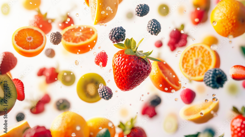 Ripe fruits and berries are falling. There is a flying strawberry in the center of the composition. Ripe fruits and berries are falling. There is a flying strawberry in the center of the composition.