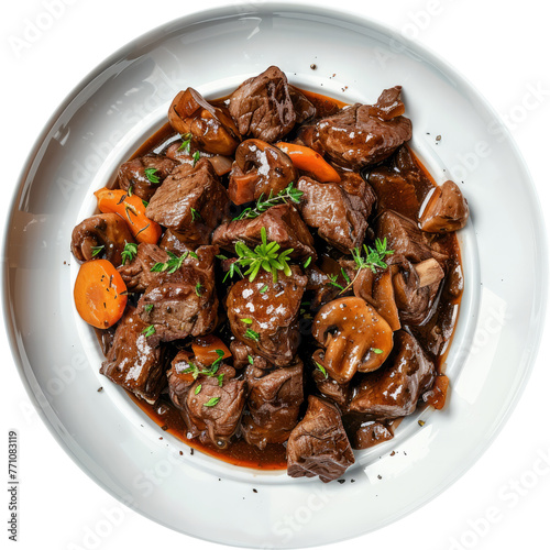 Beef stew with carrots and herbs in white bowl cut out on transparent background