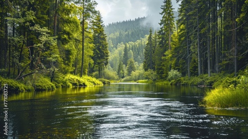 Beautiful fir of pines forest with river nature landscape view. AI generated image