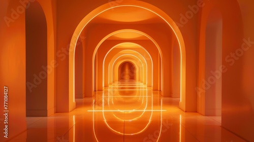 Warm orange-lit archway corridor with reflective floor. Inviting perspective of orange arch tunnel in modern design.