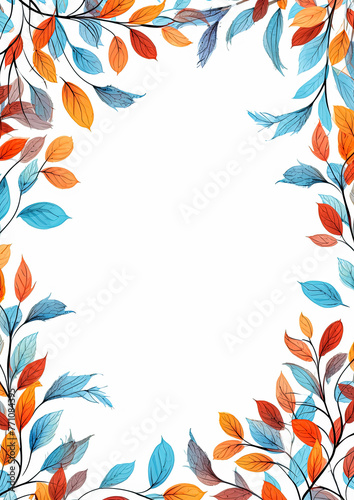 A colorful leafy border with a white background. The leaves are in various shades of blue  red  and orange