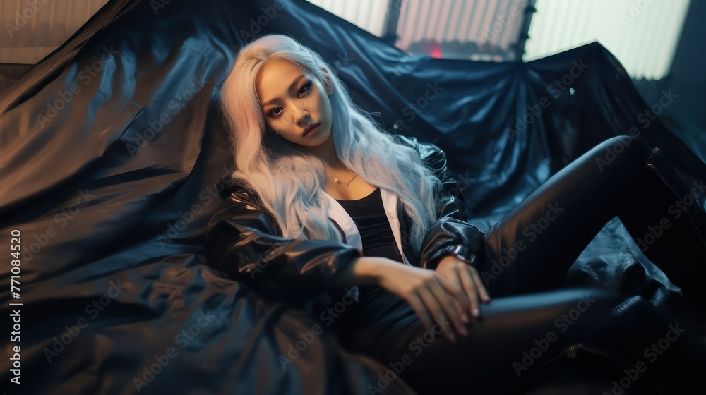 Naklejka premium Pretty asian woman in black cloth. Portrait of attractive luxury model. Young glamour person. Stylish fashionable cool lady