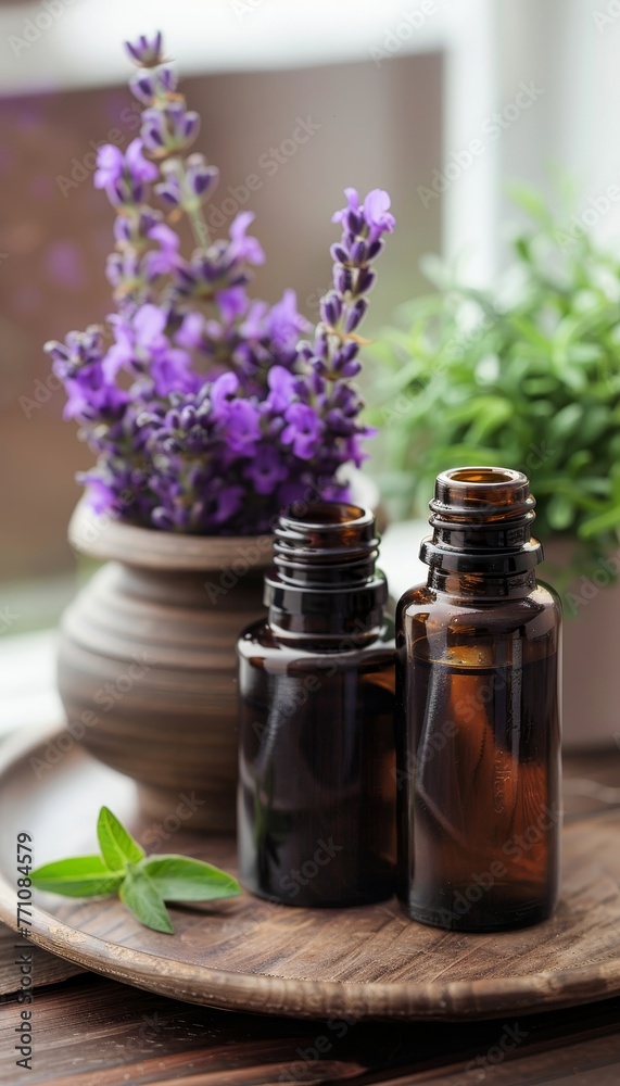 Lavender flowers in mortar on table for natural cosmetic ingredient with copy space Lavender flowers in mortar on table for natural cosmetic ingredient with copy space