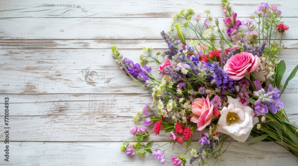 Beautiful flower bouquet on the white wooden background. AI generated image