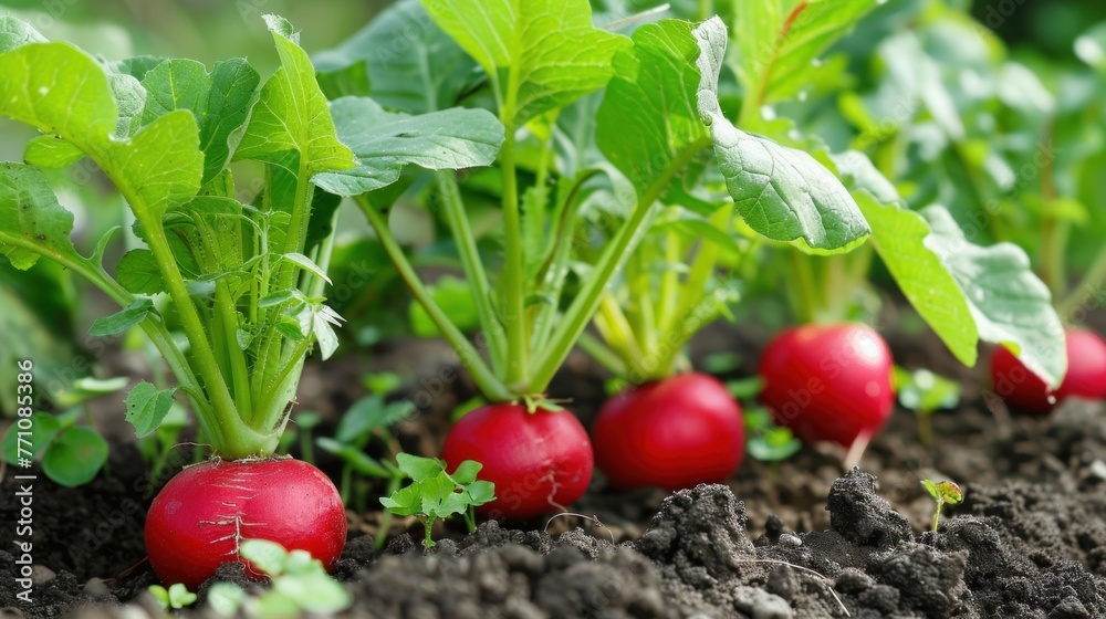 Fresh Summer harvested red radish. Growing organic vegetables natural background. AI generated image Fresh Summer harvested red radish. Growing organic vegetables natural background. AI generated image
