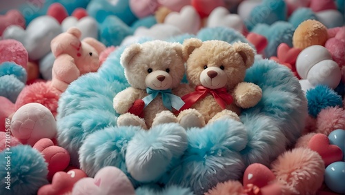 Two teddy bears with blue and red ribbons sit amidst colorful heart-shaped candies and plush toys, creating a playful, affectionate atmosphere